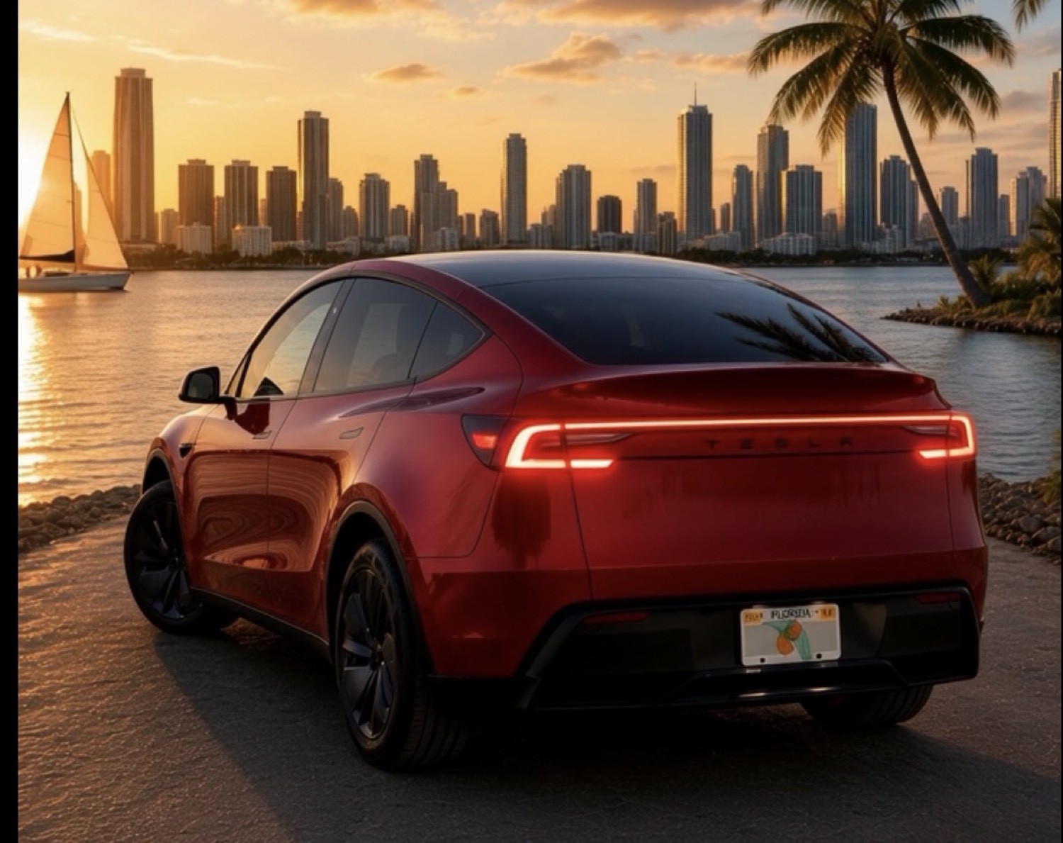 Tesla Model Y Juniper at sunset, rear view